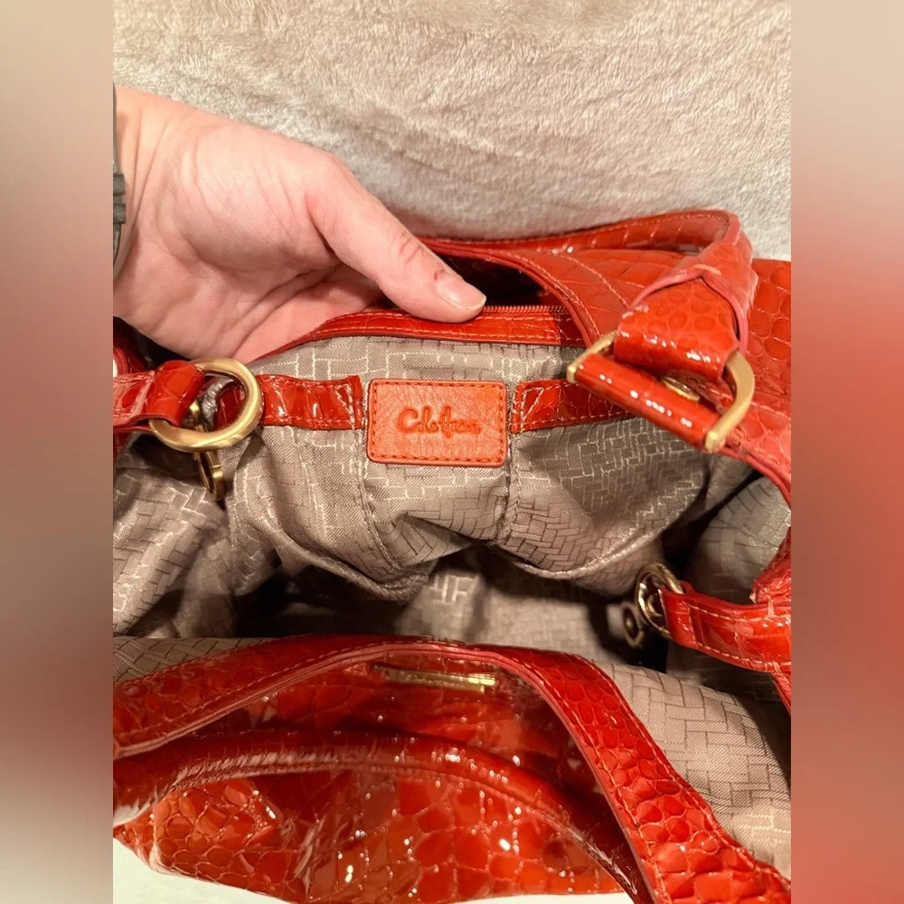 Cole Haan Red Croc-Embossed Patent Leather Hobo Shoulder Bag